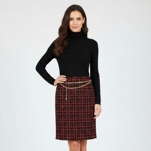 Tahari Sz 16 Skirt Red and Black Tweed Knee-Length Pencil detachable chain NWT